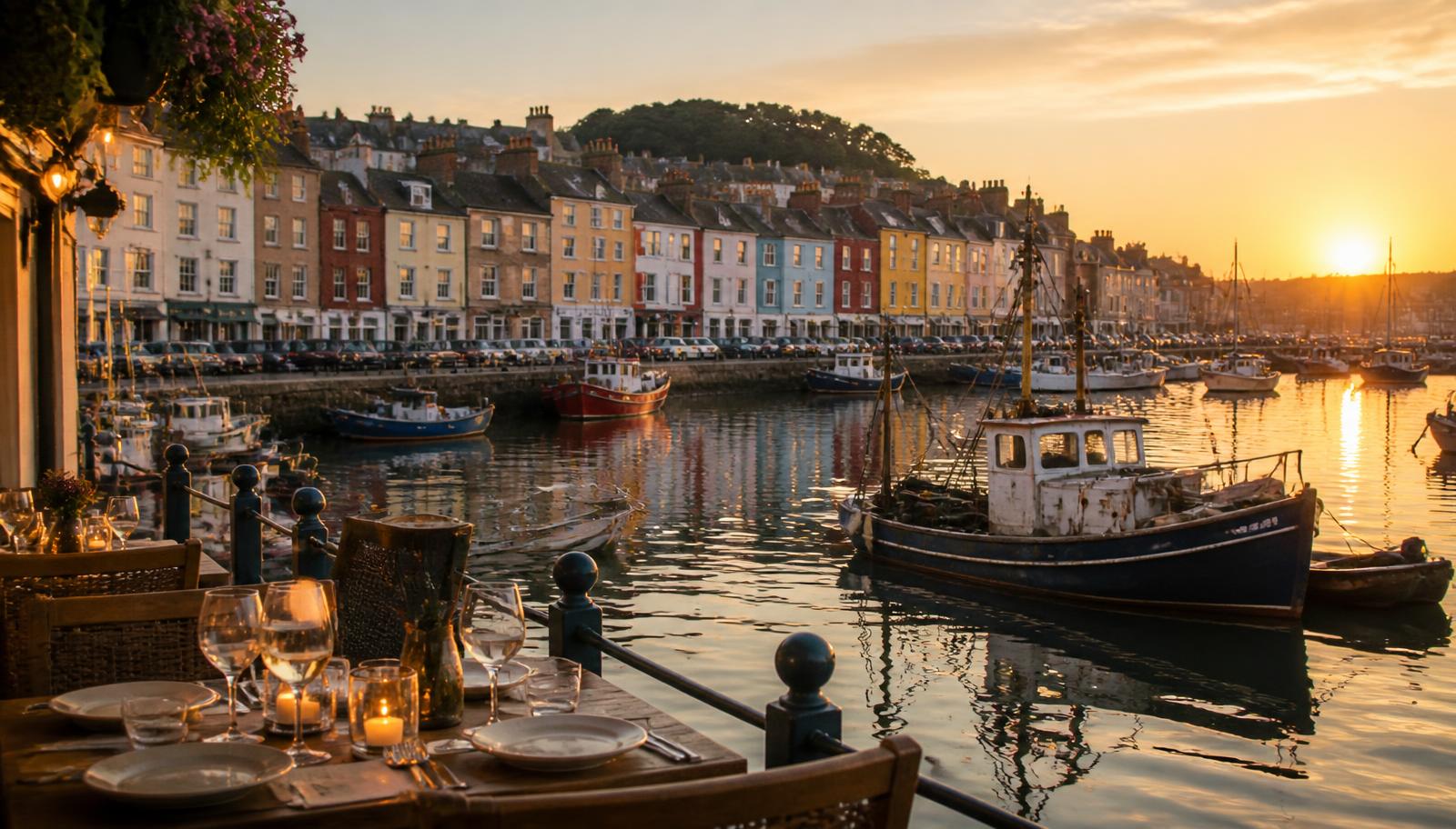 Outdoor dining terrace overlooking Weymouth harbour at sunset with fishing boats and colourful seafront houses