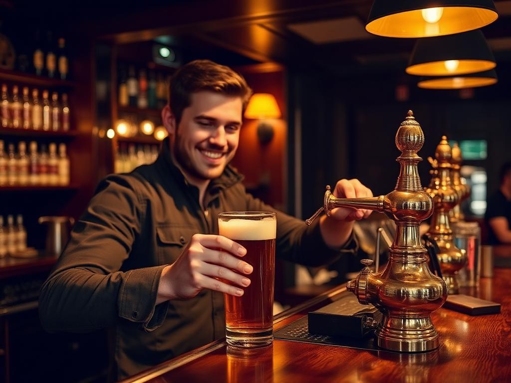 Bartender pulling a pint behind a wooden pub bar