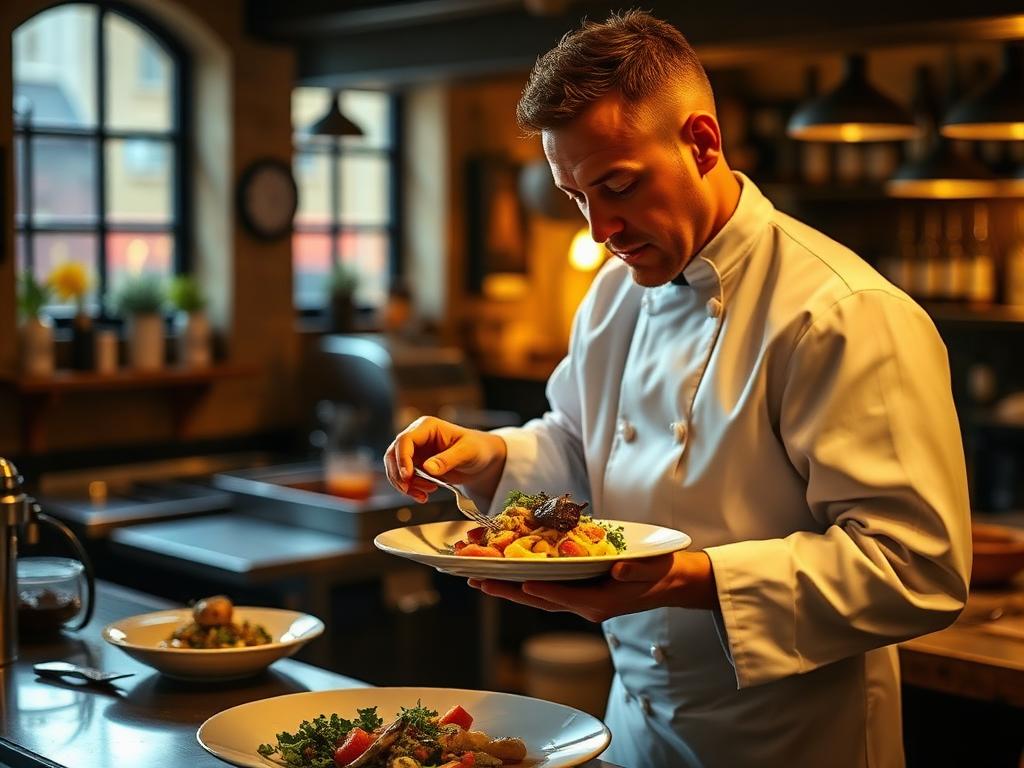 Head chef plating a dish in a warm pub kitchen