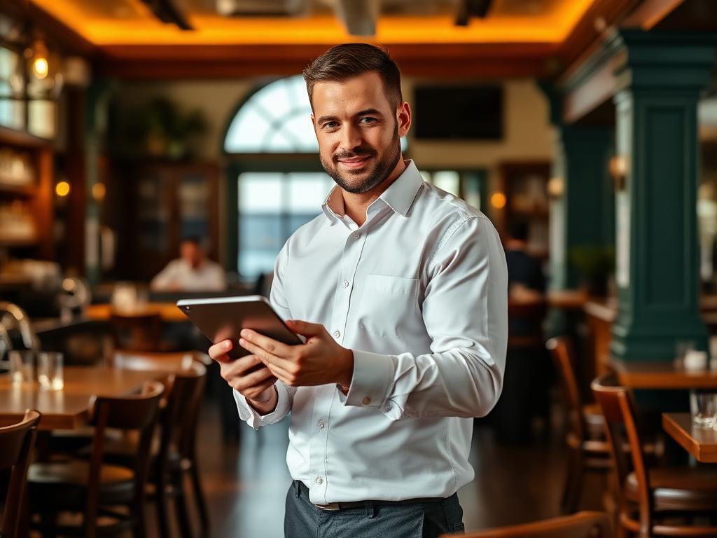 Hospitality general manager with a tablet in a coastal pub interior