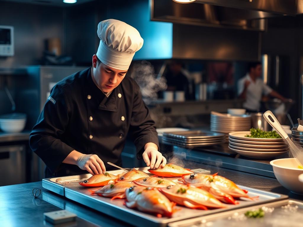 Sous chef preparing fresh seafood in a professional kitchen