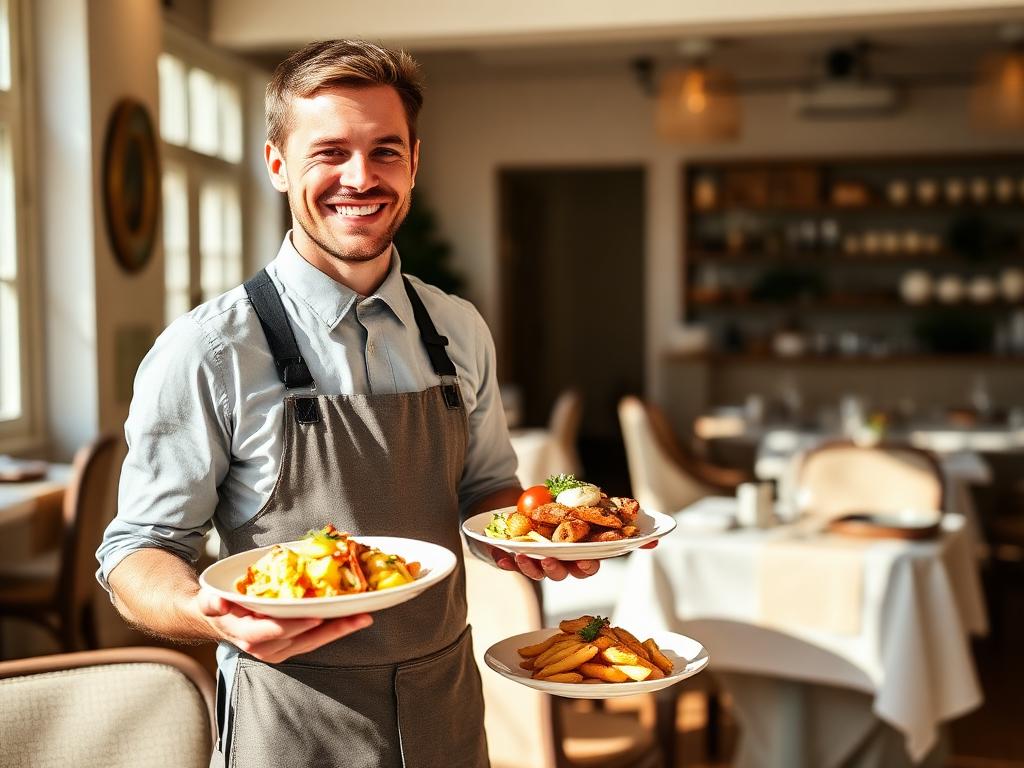 Waiter carrying plates of food in a coastal restaurant