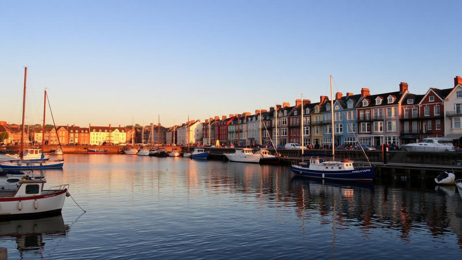 Weymouth harbour at golden hour with moored boats